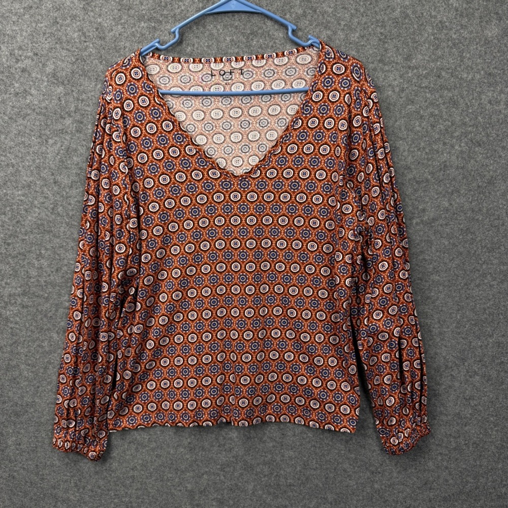 Loft Womens XL Rust Navy Medallion Print V-Neck Long Sleeve Blouse Top